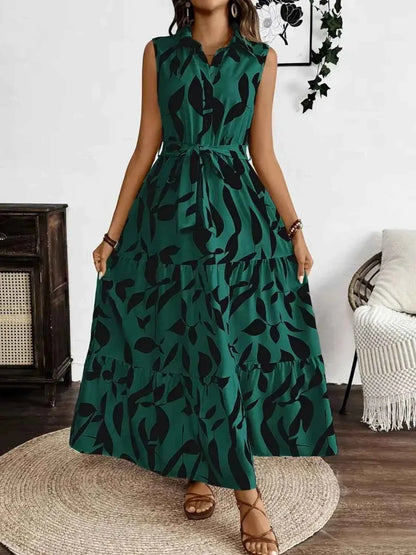 Printed Maxi Dress with Tie Waist - Sleeveless Elegance