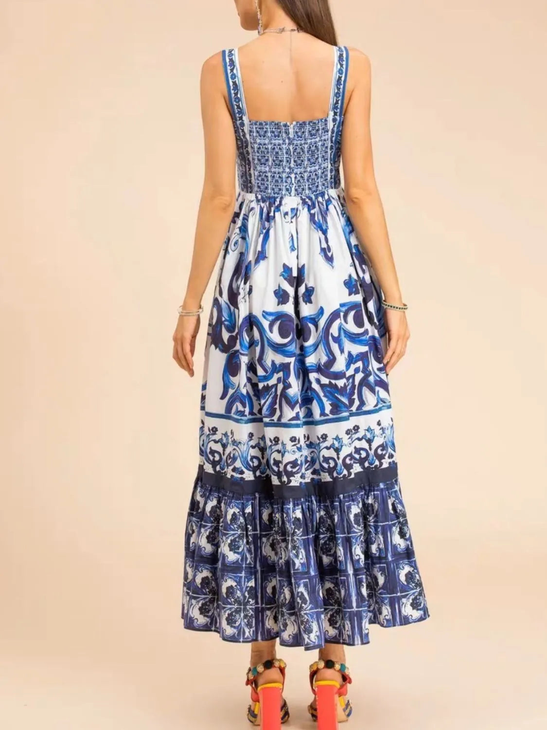 Smocked Printed Wide Strap Dress
