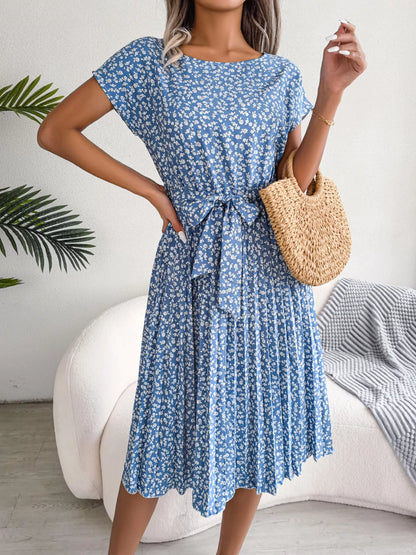Women's Floral Pleated Midi Dress with Belt – Casual Spring Style