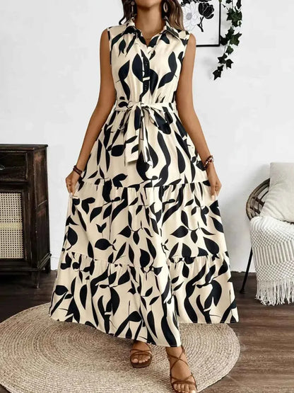 Printed Maxi Dress with Tie Waist - Sleeveless Elegance