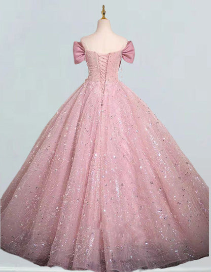 Pink Lace Off-Shoulder Quinceanera Ball Gown | Girls' Prom Evening Dress