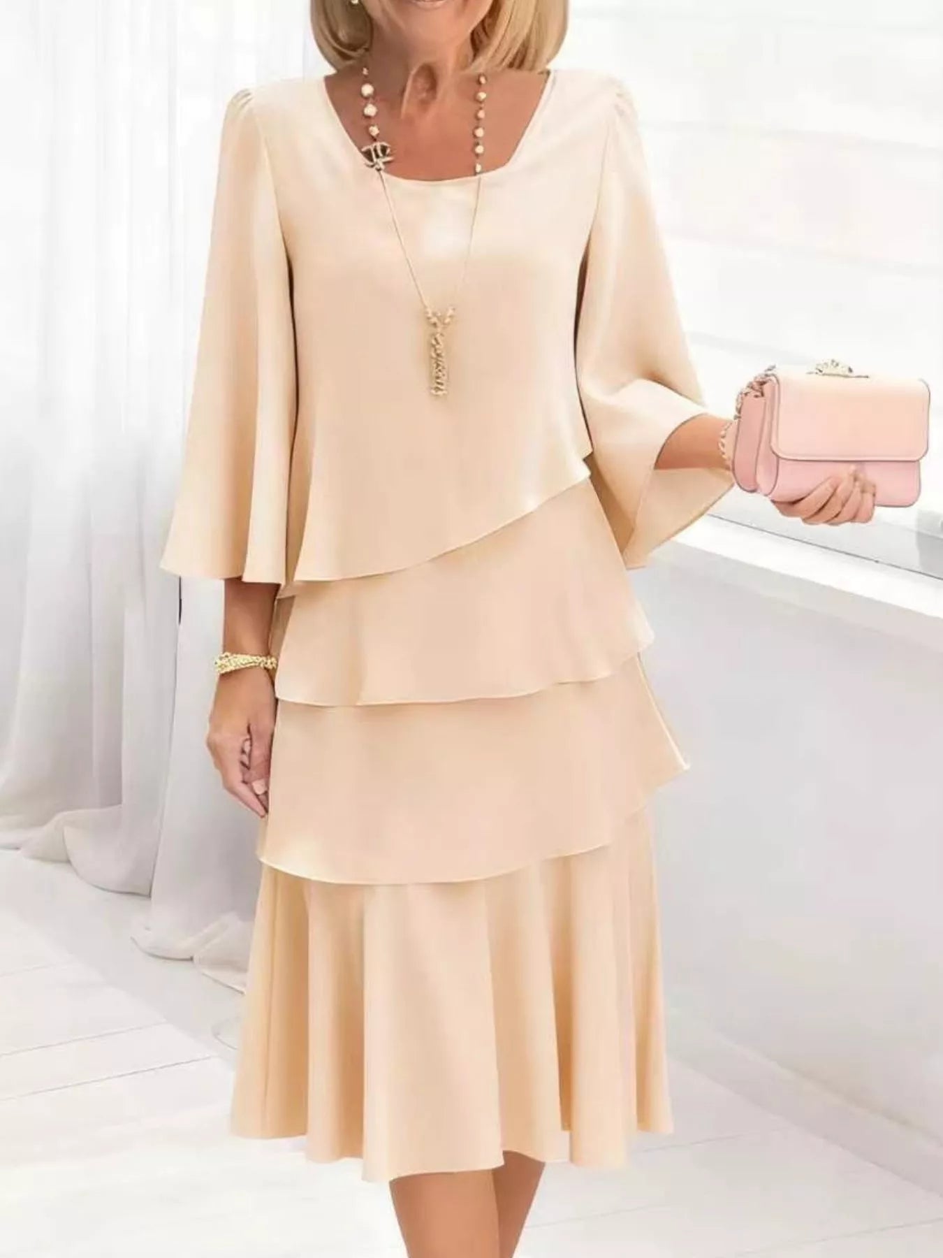 Ruffled Layered 3/4 Sleeve Dress