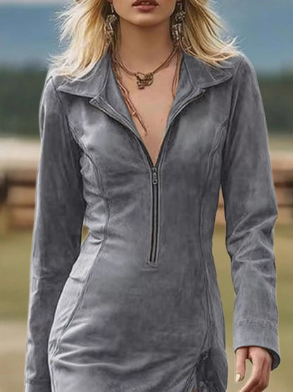 Fringe Hem Zip Front Bodycon Dress