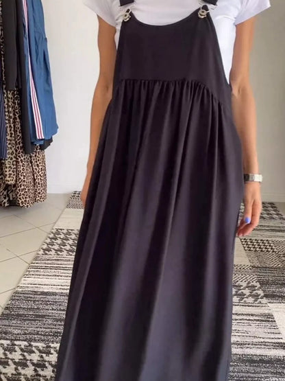 Ruched Wide Strap Overall Maxi Dress