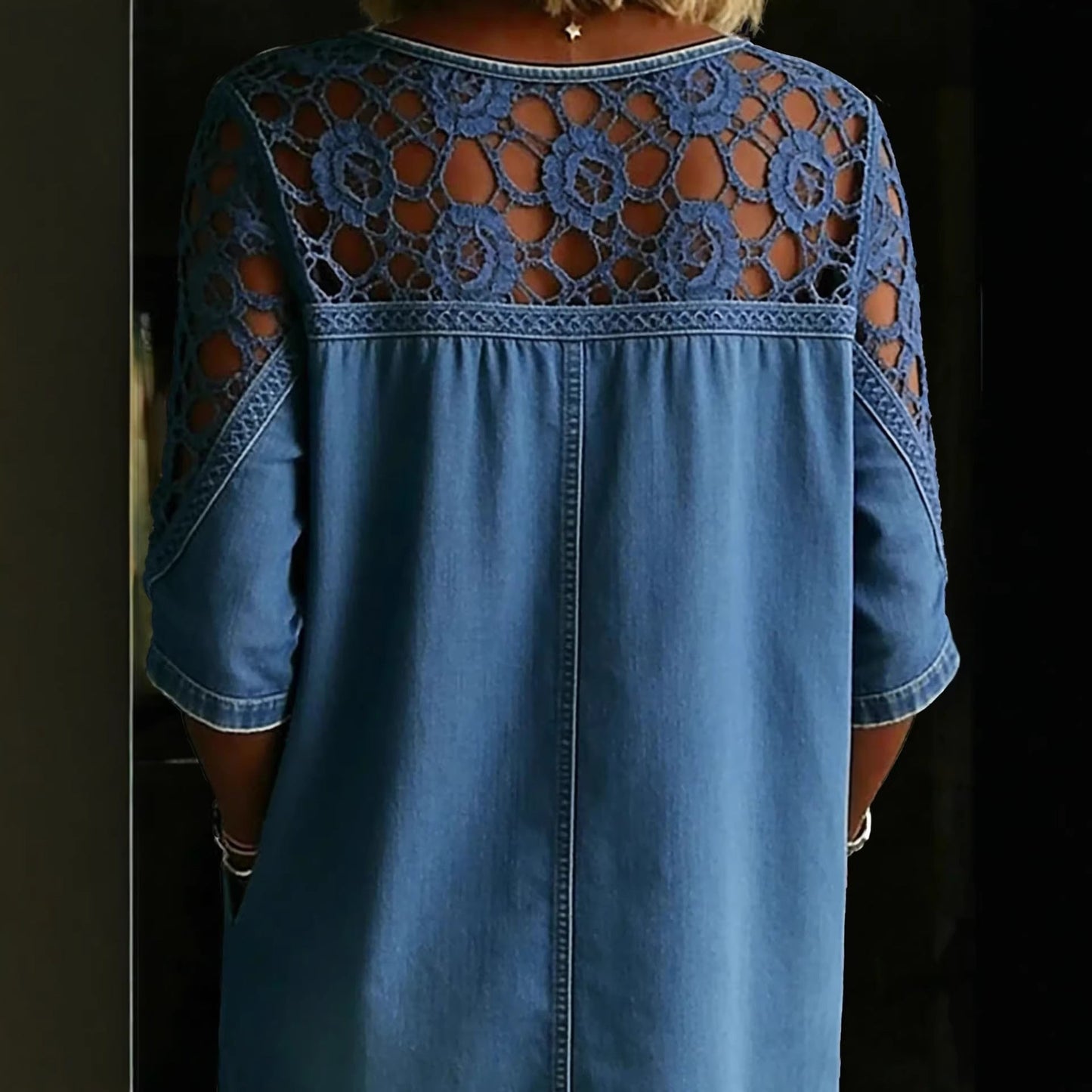 Women’s Loose Fit Hollow-Out Lace Denim Shirt