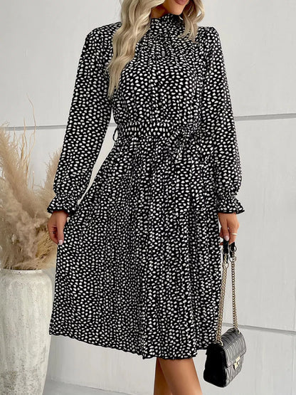 Animal Print Mock Neck Flounce Sleeve Dress