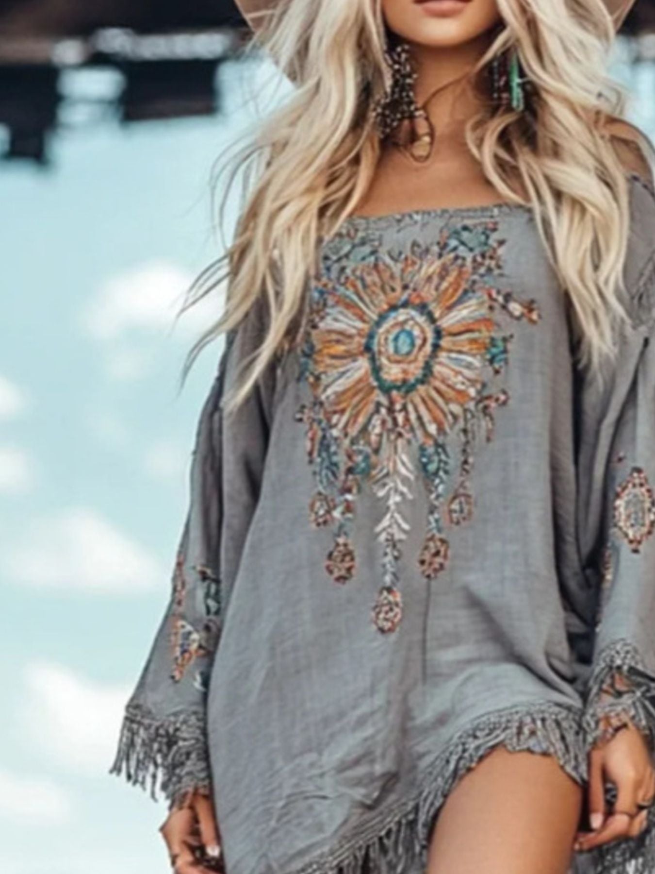 Fringe Hem Long Sleeve Mini Dress