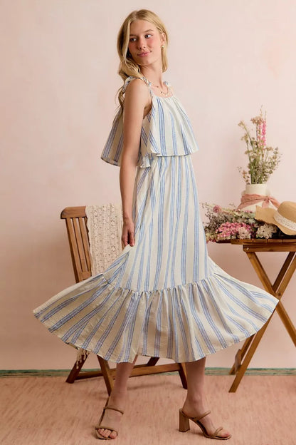 Stripe Tiered Shoulder Tie Midi Lined Dress