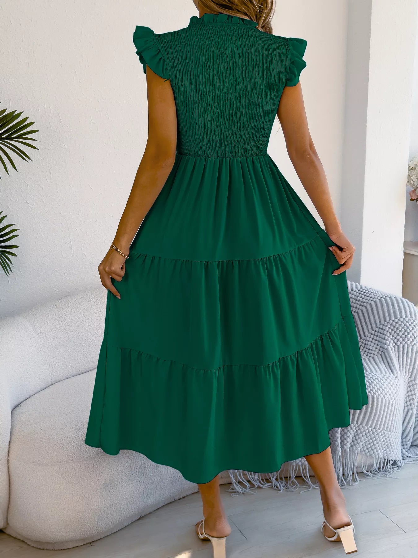 Women's Smocked Ruffle Midi Dress – Casual A-Line Cap Sleeve