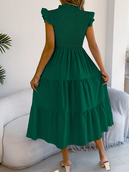 Women's Smocked Ruffle Midi Dress – Casual A-Line Cap Sleeve