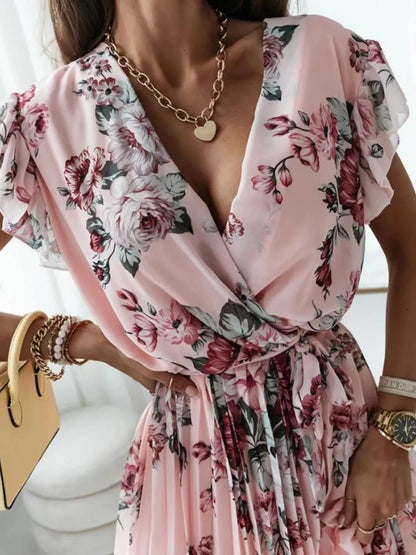 Floral Surplice Ruffled Cap Sleeve Dress