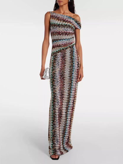 One-Shoulder Zigzag Knit Maxi Dress