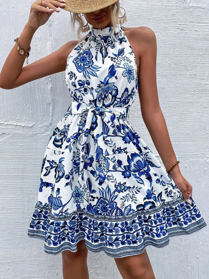Floral Halter Neck Summer Dress with Belt