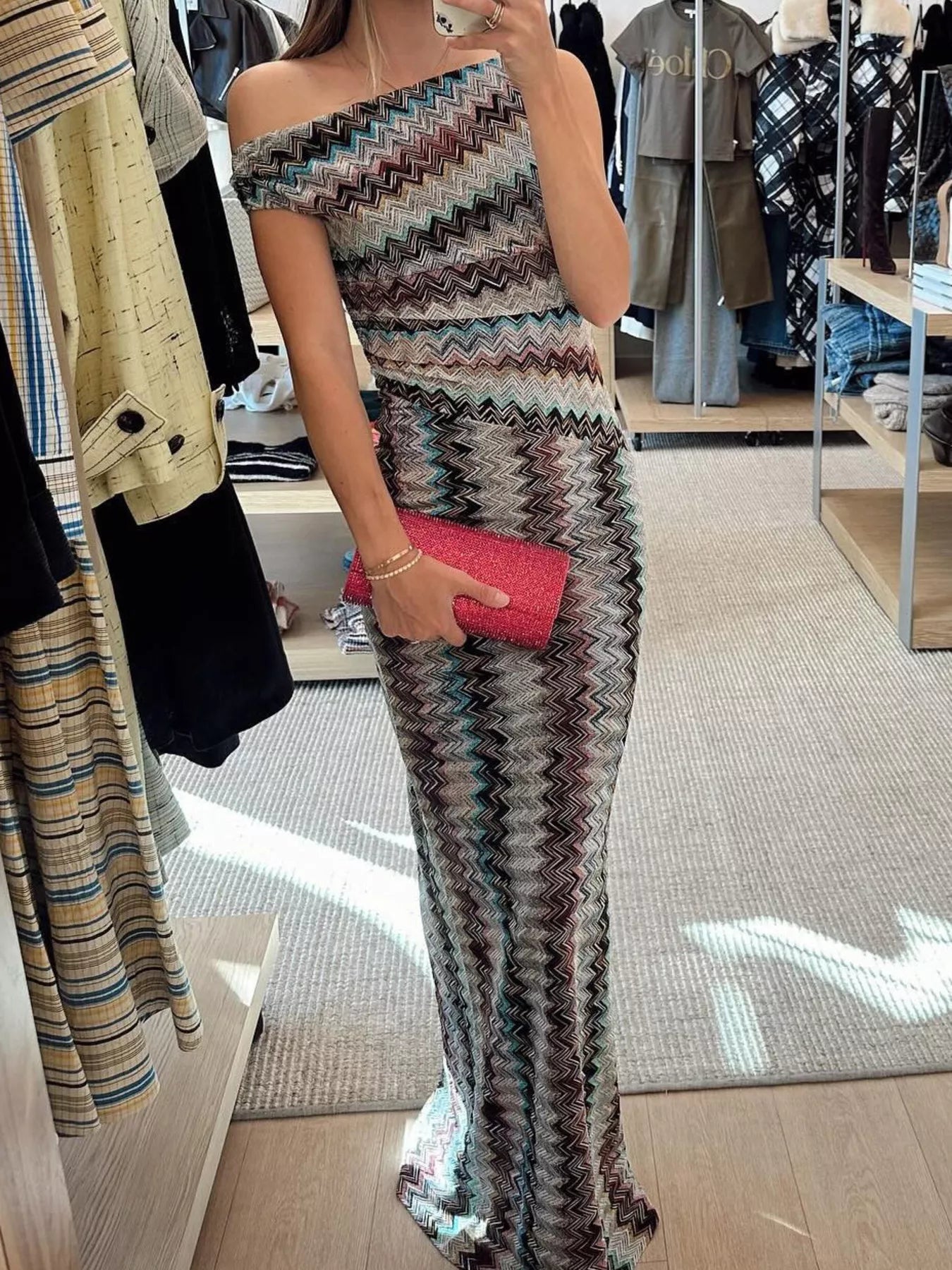 One-Shoulder Zigzag Knit Maxi Dress