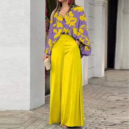 Women's Printed Shirt Wide Leg Pants Fashion Casual Set See size chart under “more details”