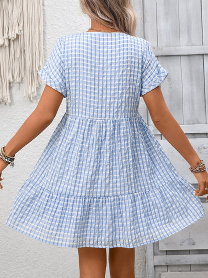 Plaid V-Neck Ruffle Hem Mini Dress