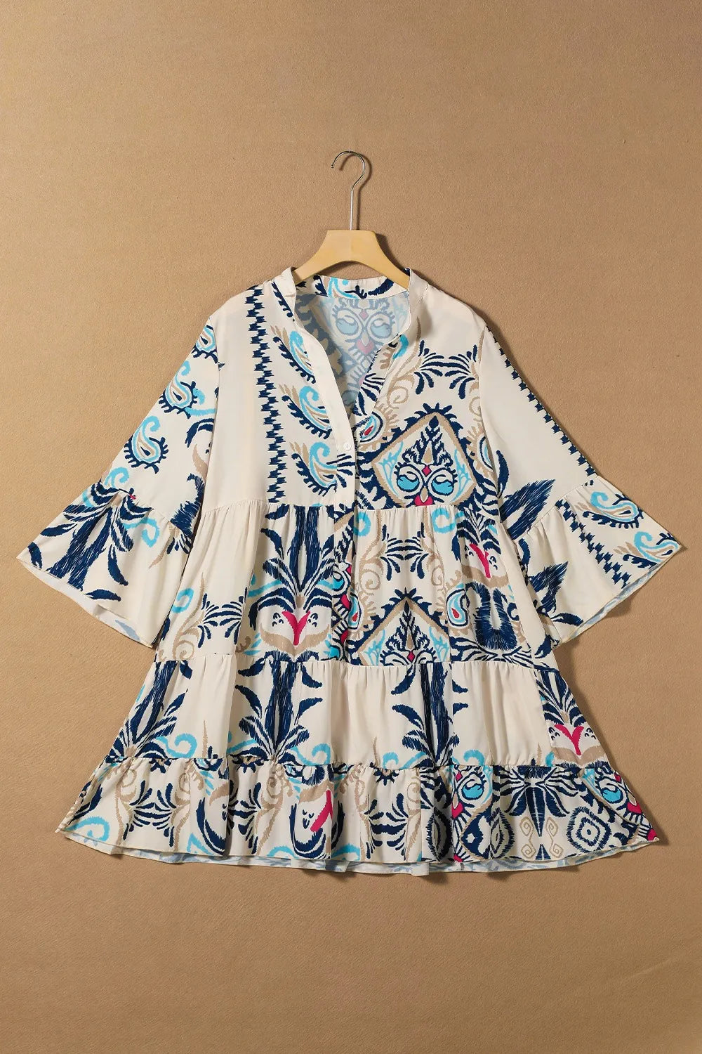 Printed Notched Three-Quarter Sleeve Mini Dress