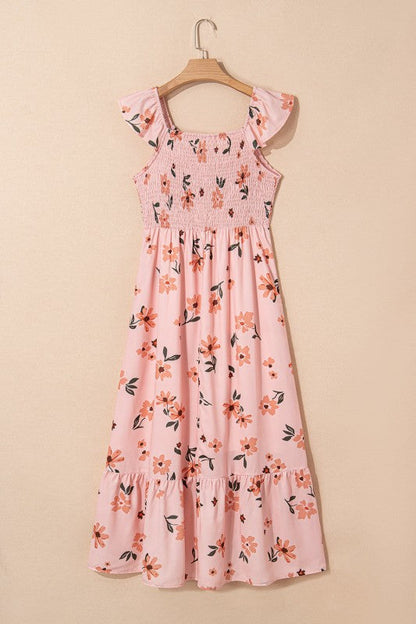 Floral V-Neck Smocked Ruffle Hem Maxi Dress