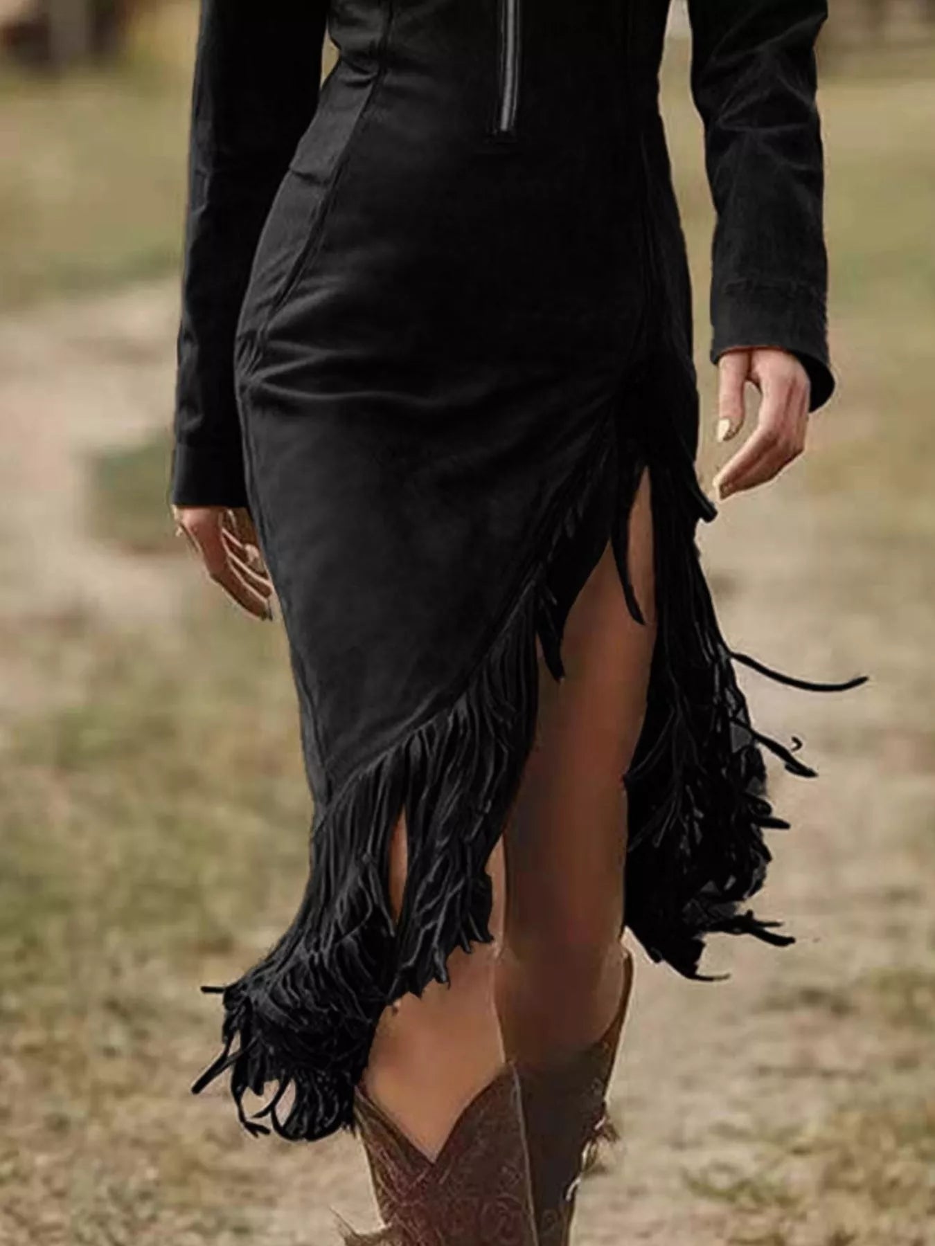 Fringe Hem Zip Front Bodycon Dress