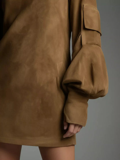 Suede Turtleneck Lantern Sleeve Mini Dress