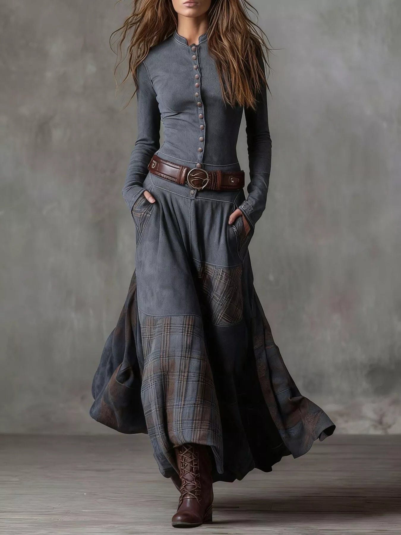 Plaid Button Front Long Sleeve Dress