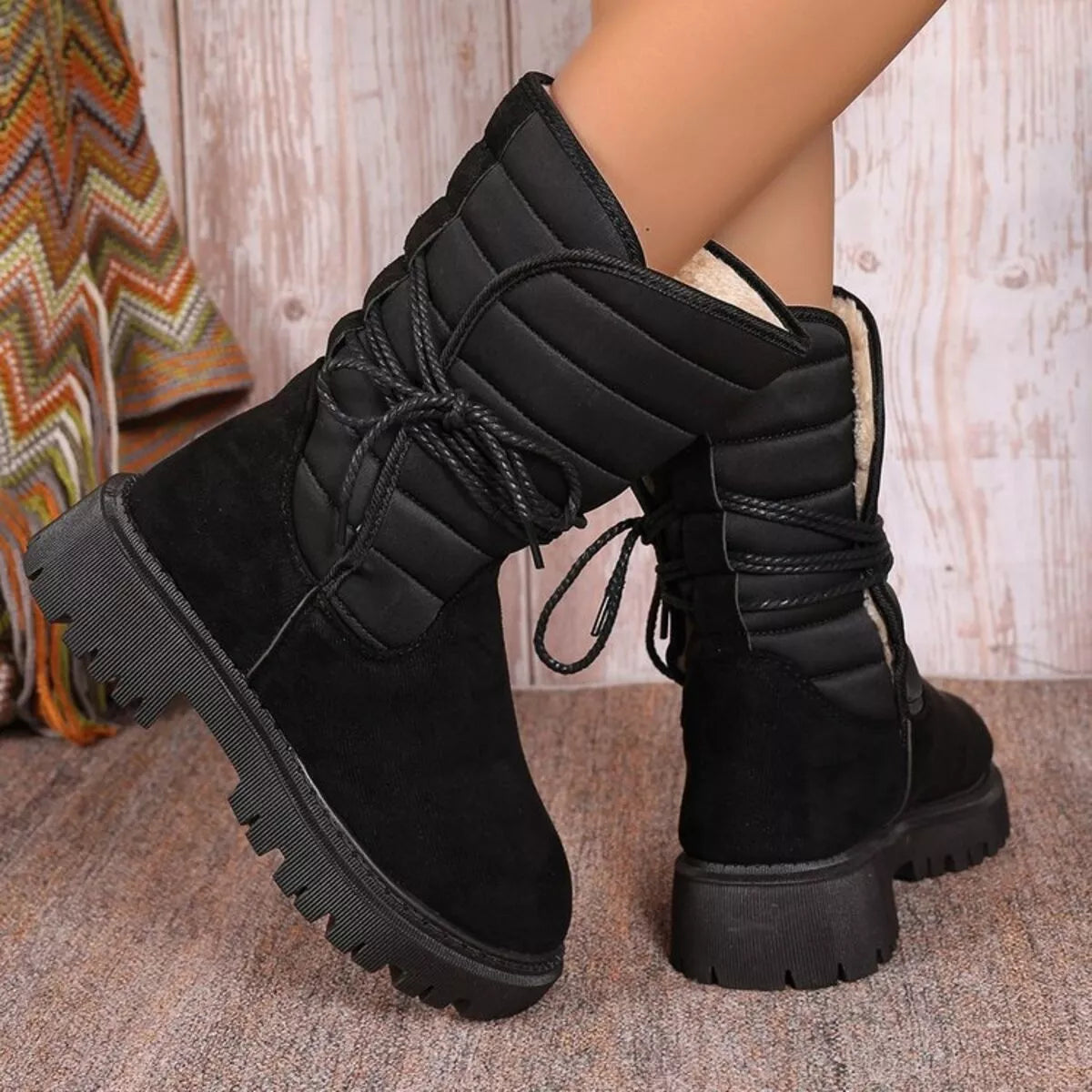 Quilted Lace-Up Mid-Calf Boots