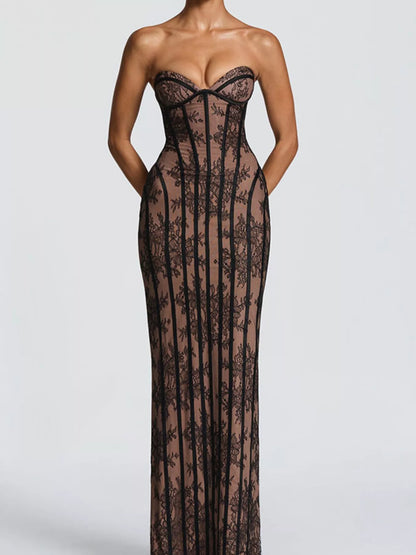 Lace Up Back Strapless Maxi Dress