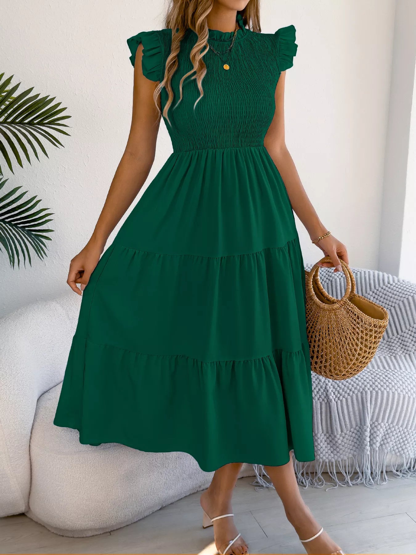 Women's Smocked Ruffle Midi Dress – Casual A-Line Cap Sleeve