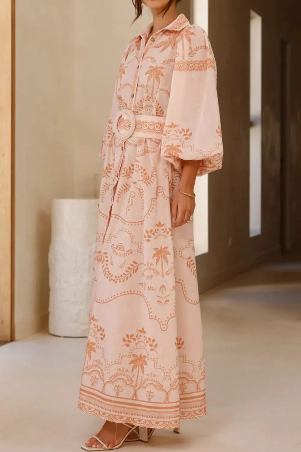 Printed Balloon Sleeve Maxi Shirt Dress