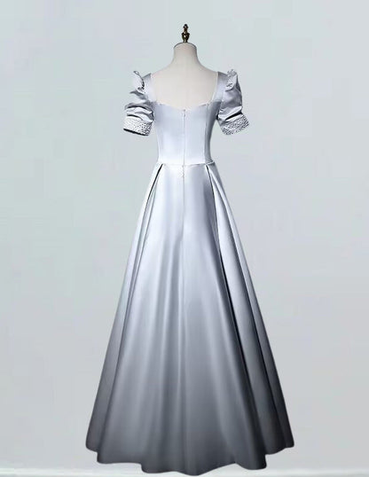 Gray boat neckline beading long satin prom dress gown