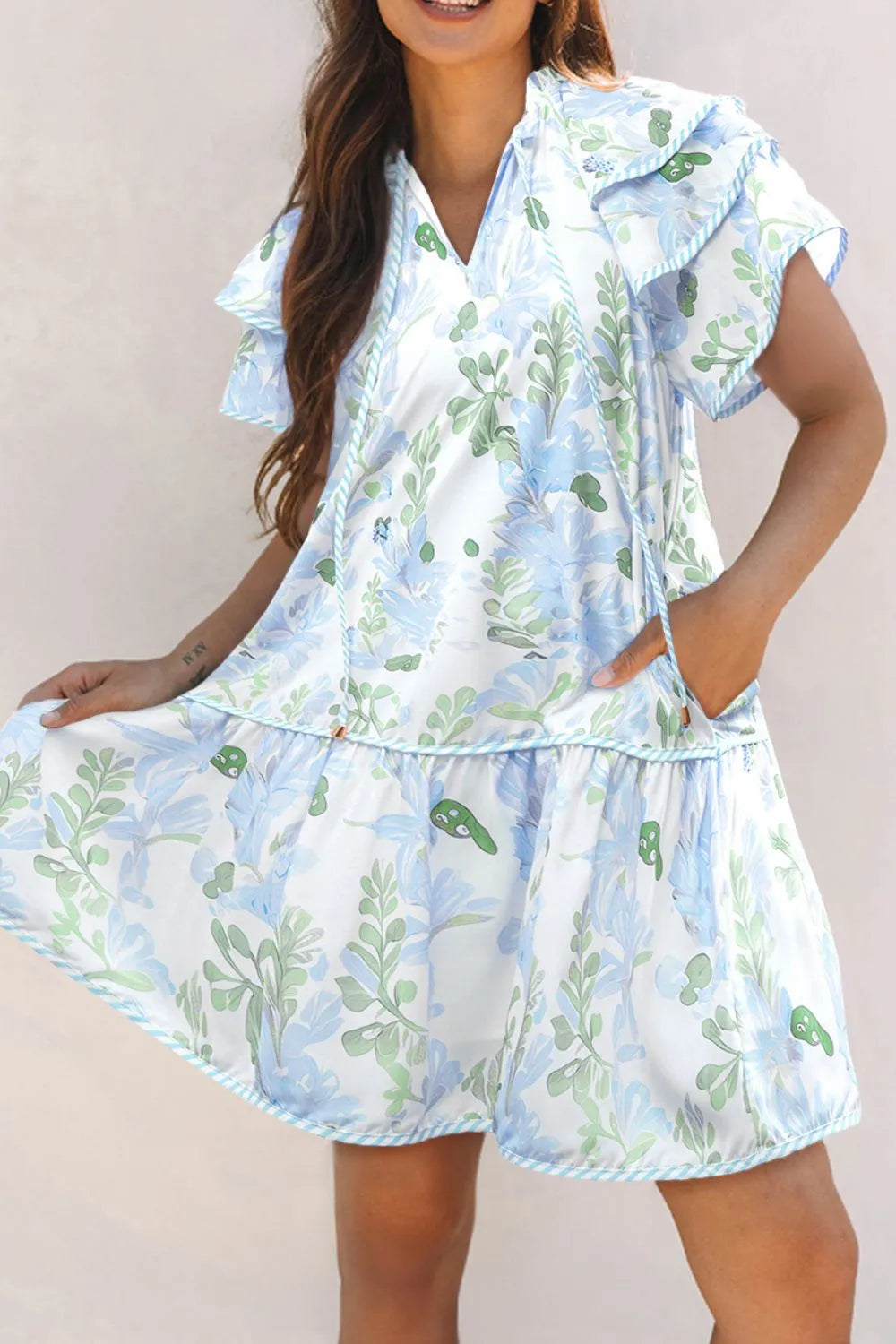 Floral Contrast Edge Layered Short Sleeve Mini Dress
