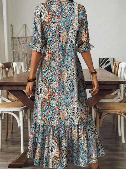 Bohemian Paisley Print V-Neck Midi Dress