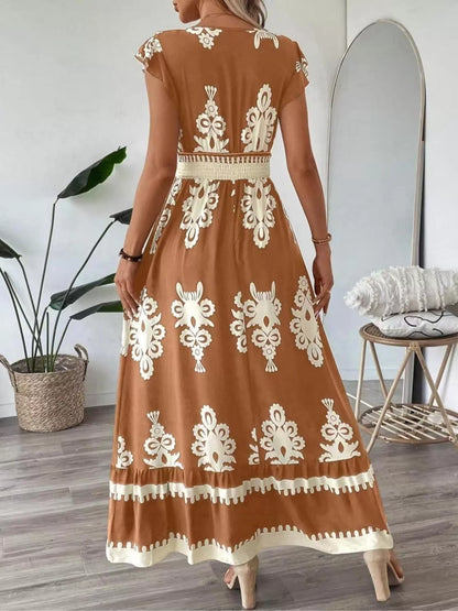 Printed V-Neck Ruffled Cap Sleeve Dress
