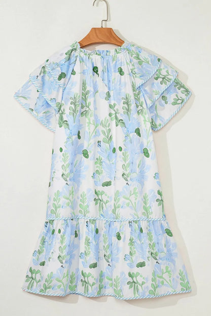 Floral Contrast Edge Layered Short Sleeve Mini Dress