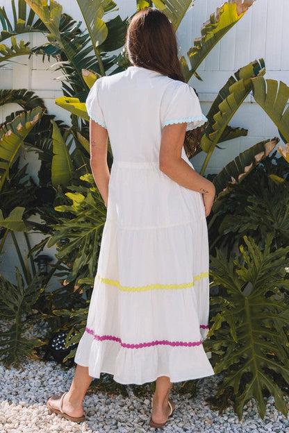Aleah Rickrack Trim Short Sleeve Long Dress