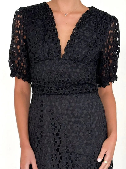 Eyelet Lace V-Neck Midi Dress with Puff Sleeves