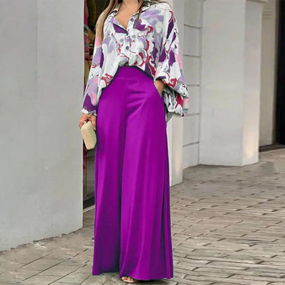 Elegant Colorful Printed Shirt plus Wide Leg Pants 2-piece Set
