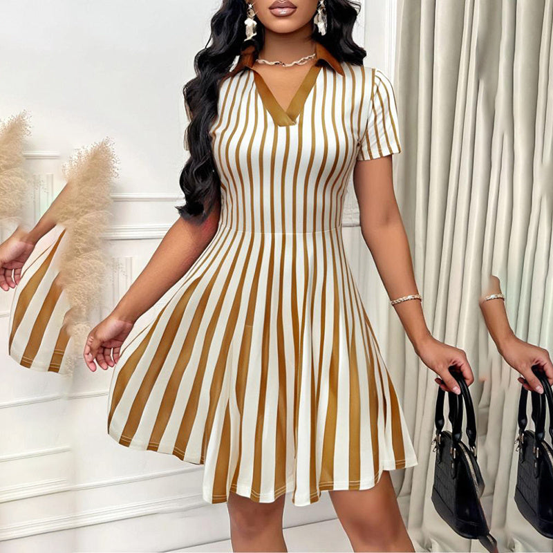 Women's Elegant Striped V-neck Short Sleeve A-line Short Dress