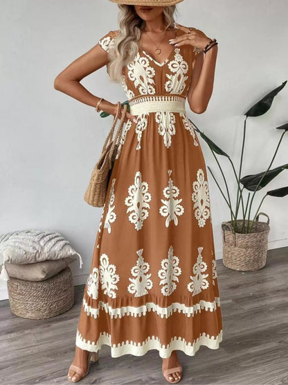 Printed V-Neck Ruffled Cap Sleeve Dress