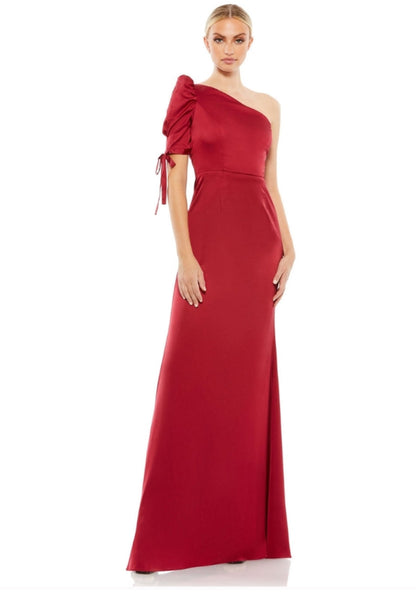 Ieena Mac Duggal 55632 Satin One Shoulder Puff Sleeve Trumpet Gown