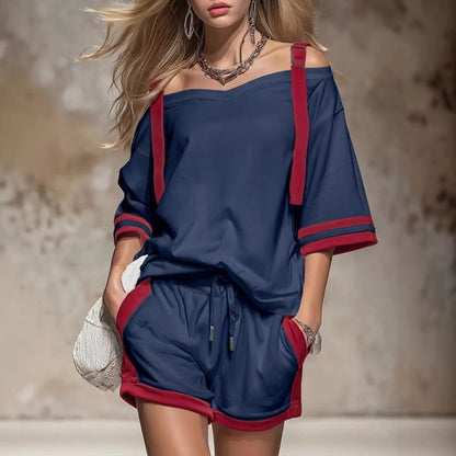 Women's Summer Contrast Color-Block Patchwork Shorts Set – 2-Piece