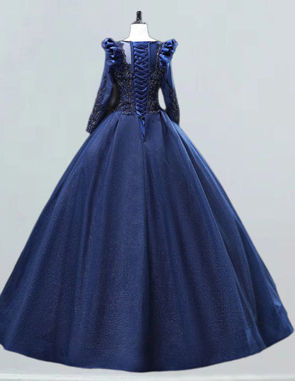Navy Lace Applique Tulle Evening Gown | Scoop Neck Prom & Bridesmaid Dress