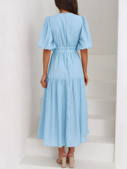 V-Neck Puff Sleeve Midi Dress