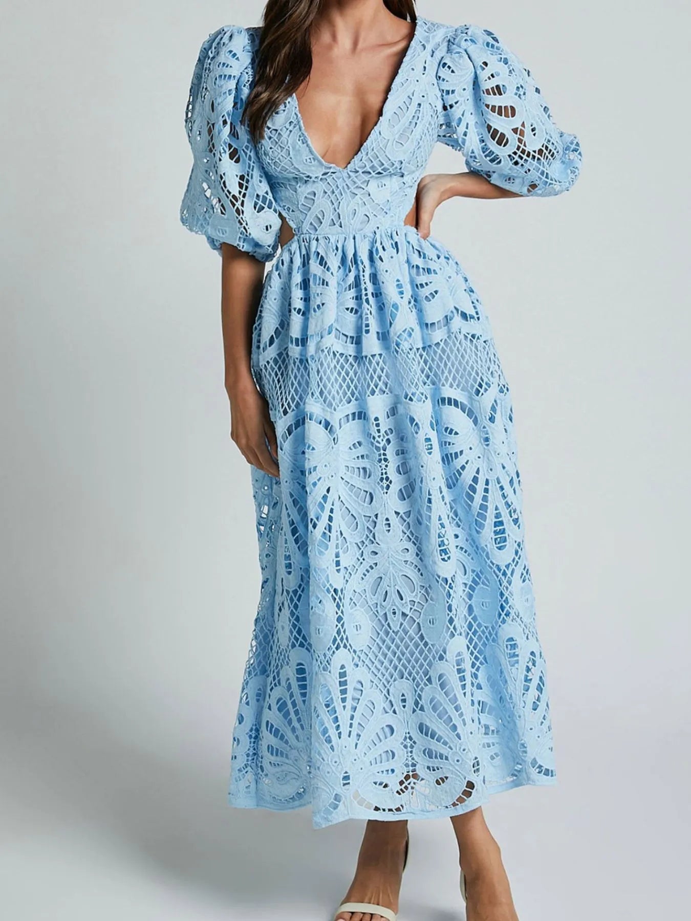 Cutout Back Lace Crochet V-Neck Dress