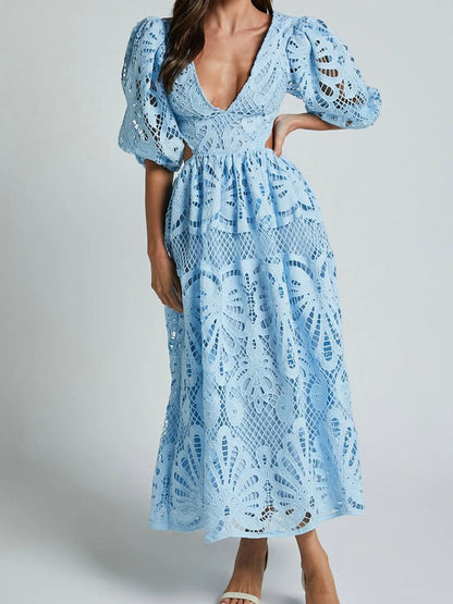 Cutout Back Lace Crochet V-Neck Dress