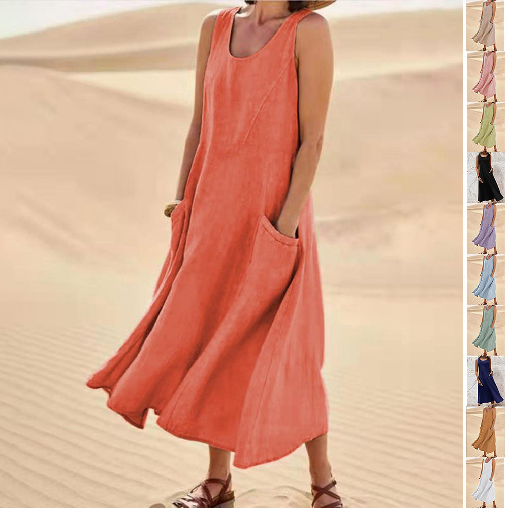 Women's Plus Size Summer Sleeveless Loose Maxi Dress With Pockets