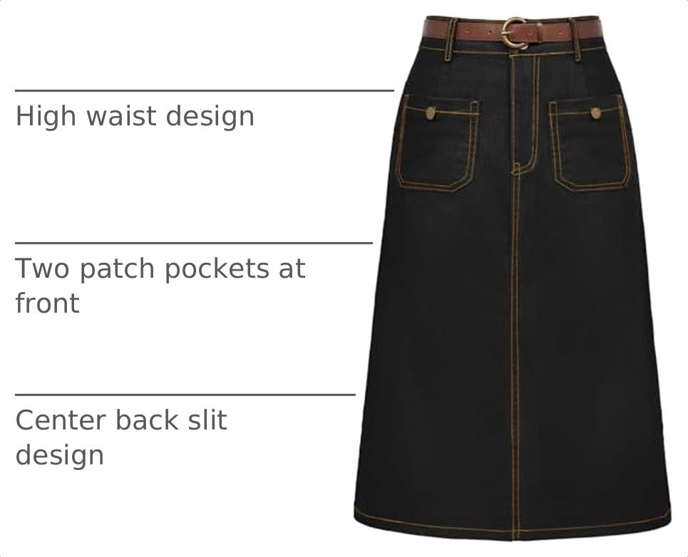 Belle Poque Black Jean Skirt for Women Vintage Below Knee Long Black Denim Skirt Belt M