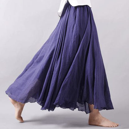Women Bohemian Style Elastic Waist Band Cotton Linen Long Maxi Skirt Dress