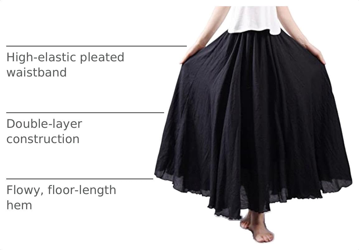 Women Bohemian Style Elastic Waist Band Cotton Linen Long Maxi Skirt Dress