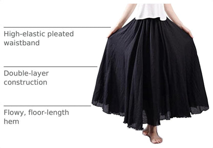 Women Bohemian Style Elastic Waist Band Cotton Linen Long Maxi Skirt Dress